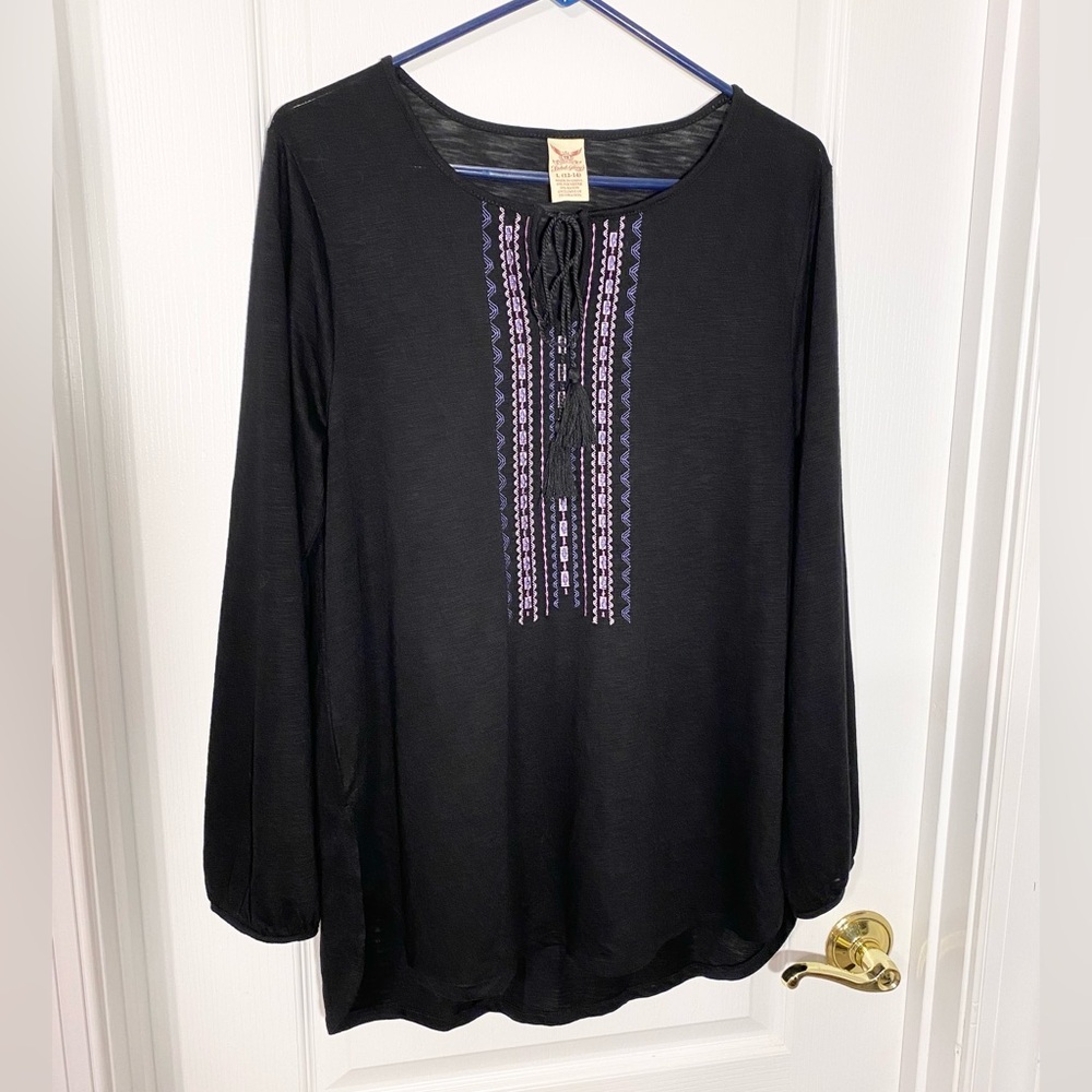 NEW Embroidered Tie Neck Long Sleeve Knit Tunic Black Purple Size Large